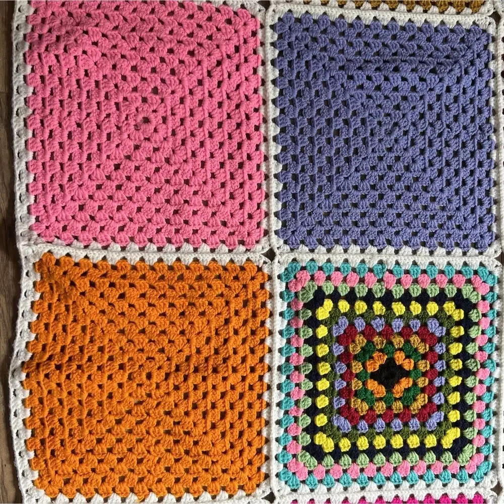 Vtg Crochet Granny Square Roseanne Blanket MultiColored Afghan Throw 66